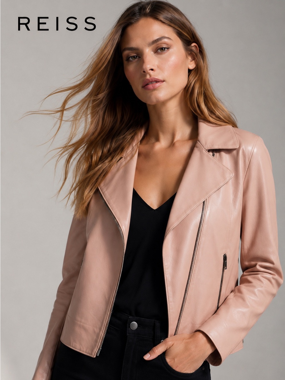 🌸Reiss Blush Pink Leather Moto Jacket sizeS minimalist quiet luxury classic